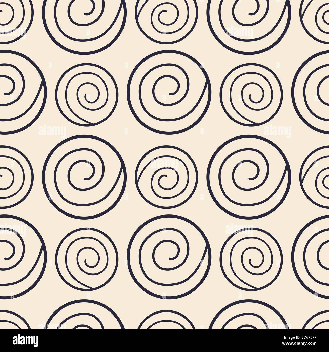 Spiralkreise im skandinavischen Stil, nahtloses Muster. Dunkle Formen auf beigefarbenem Hintergrund, Textil. Vektorabbildung Stock Vektor