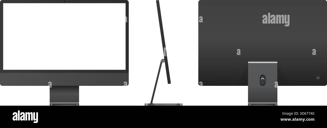 Schwarzes Desktop-Monitor-Modell vorne, hinten und seitlich. Vektorgrafik der Vorlage für leeres Display des Computers Stock Vektor