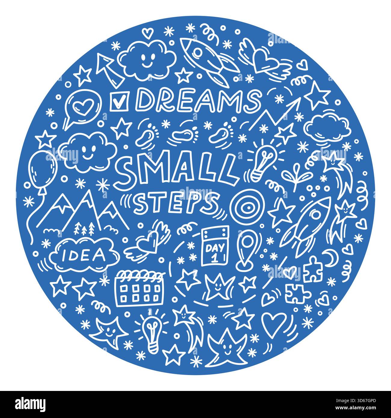 Motivational Small Steps Träume kritzeln runde Illustration Stock Vektor