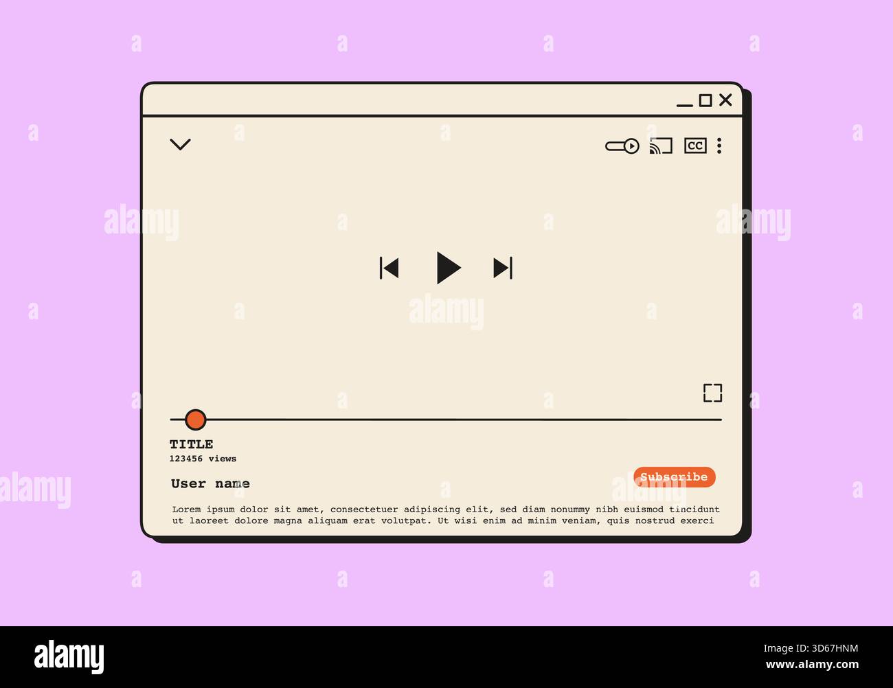 Retro Digital Video Player Fenster mit Wiedergabe Timeline, Steuertasten und Elementen der Benutzeroberfläche. Popup-Medienrahmen für 90s-Computer zum Streaming Stock Vektor