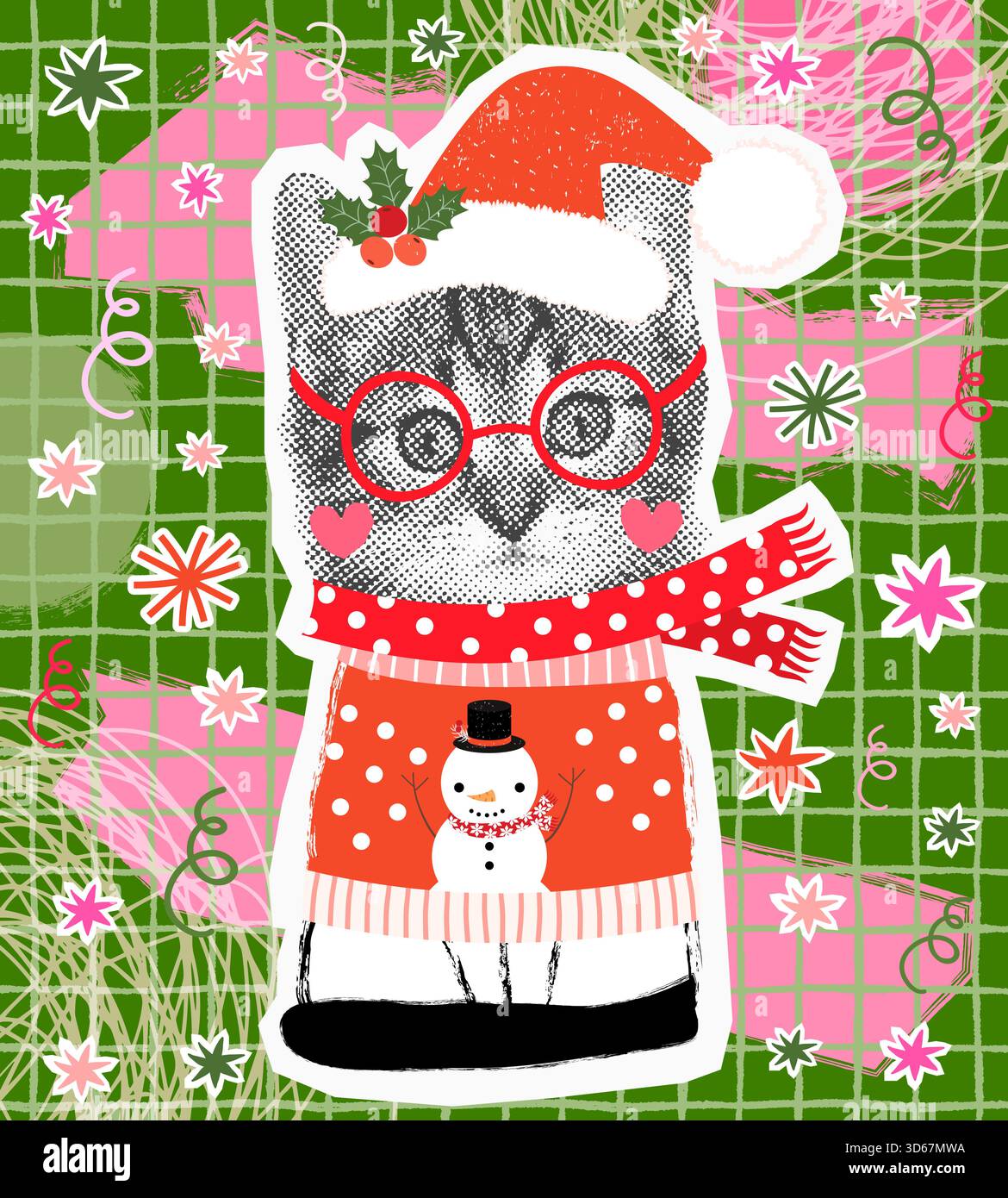 Lustige Kätzchen Collage Vektor Illustration, Katze mit Santa Claus und hässlichen Weihnachtspullover, Feiertagsposter, Bannerdesign Stock Vektor