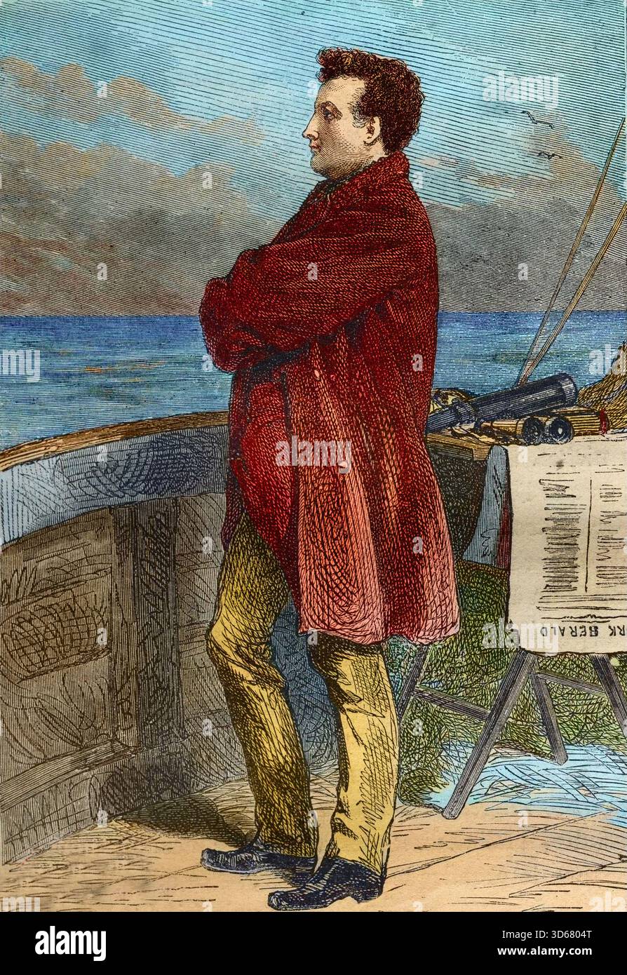 Professor Pierre Aronnax - zwanzigtausend Ligen unter den Meeren - 20.000 Ligen unter dem Meer - le professeur Pierre Aronnax beobachten Scrupuleusement l'océan à bord de l'Abraham Lincoln, espérant repérer le monstre sous-marin. "Vingt mille lieues sous les mers" (Vingt-mille - 20 000 - 20000) de Jules Verne. Tiefdruck Stockfoto