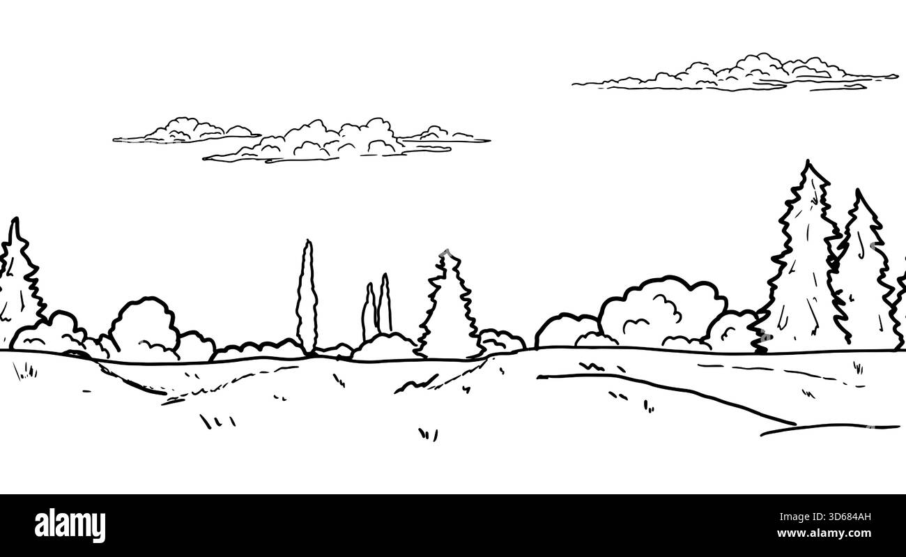 Hügel und Lichtungen, skizzieren. Vektorzeichnung. Bäume, Tannen und Büsche am Horizont, eine nahtlose Grenze isoliert auf weißem Hintergrund. Flauschig Stock Vektor