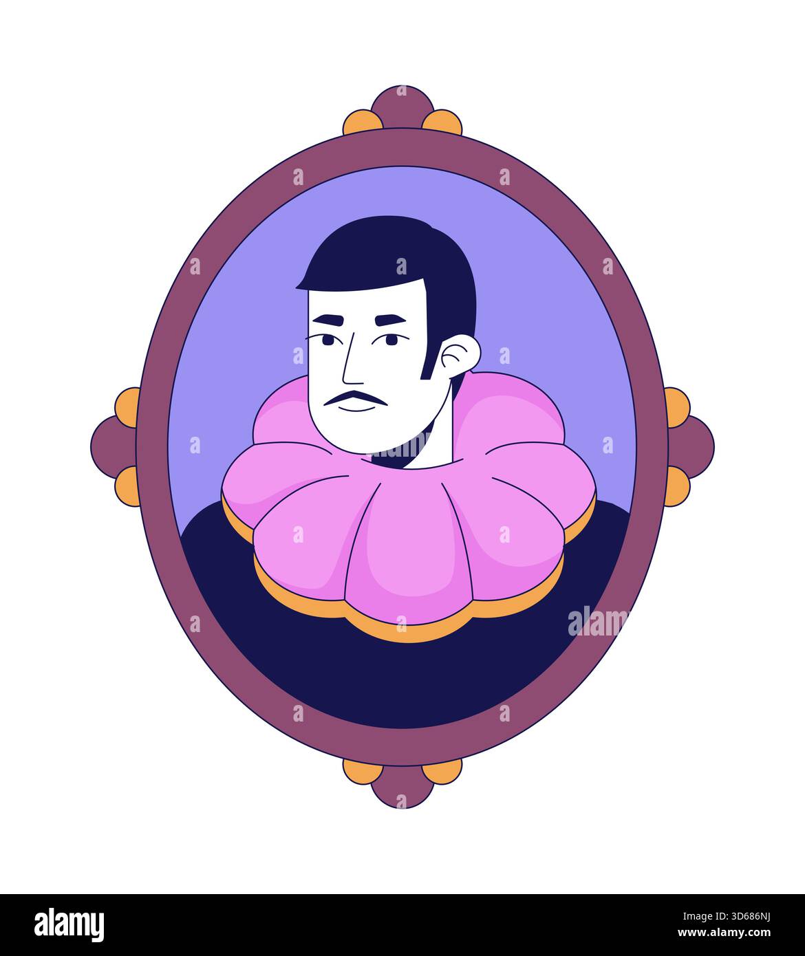 Schnurrbart-Mann-Porträt mit Rüschen-Kragen in kunstvoller 2D-Zeichentrickfigur Stock Vektor