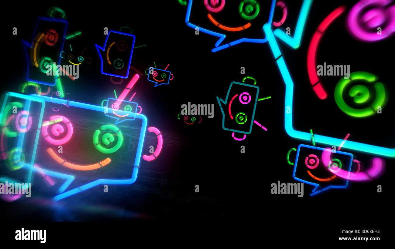 Chatbot künstliche Intelligenz Neonsymbol. Chatbot-Ai-Licht-Farblampen. Abstraktes Konzept 3D-Illustration. Stockfoto
