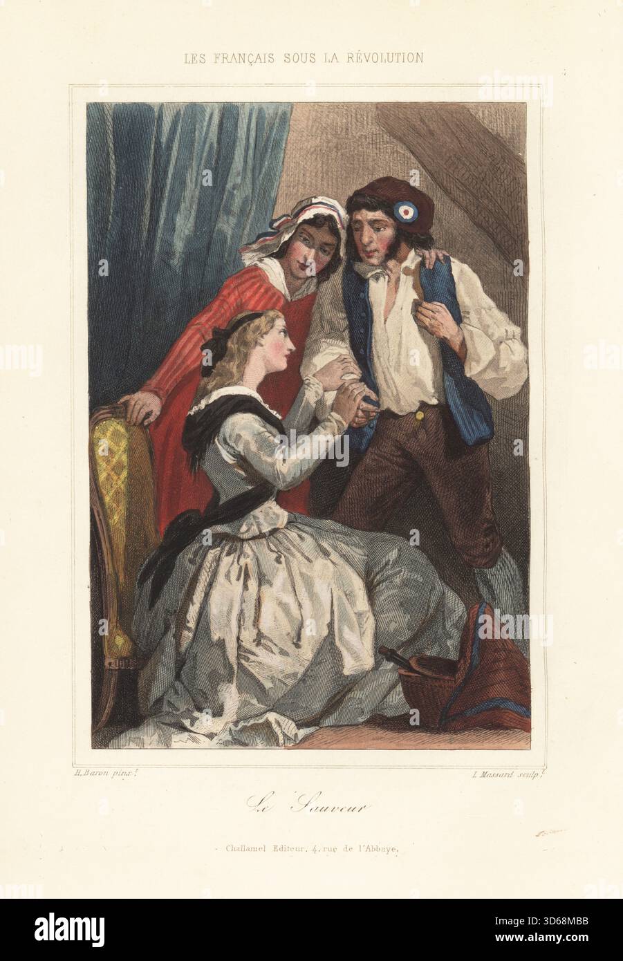 Eine Adlige nimmt die Hilfe eines Revolutionärs in Trikolore-Kakade an. Sie fleht ihn mit beiden Händen an, sie während der Herrschaft des Terrors zu retten. Der Retter. Le Sauveur. Handkolorierter Stahlstich von Leopold Massard nach einer Illustration von Henri Baron aus Augustin Challamel und Wilhelm Tenint's Les Francais sous la Revolution, die Franzosen unter der Revolution, Challamel, Paris, 1843. Stockfoto