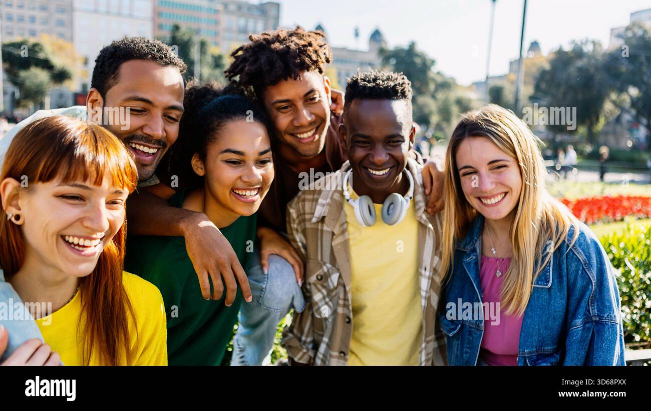 Junge Gruppe von verschiedenen Menschen, die Spaß miteinander haben, draußen zusammen zu stehen Stockfoto