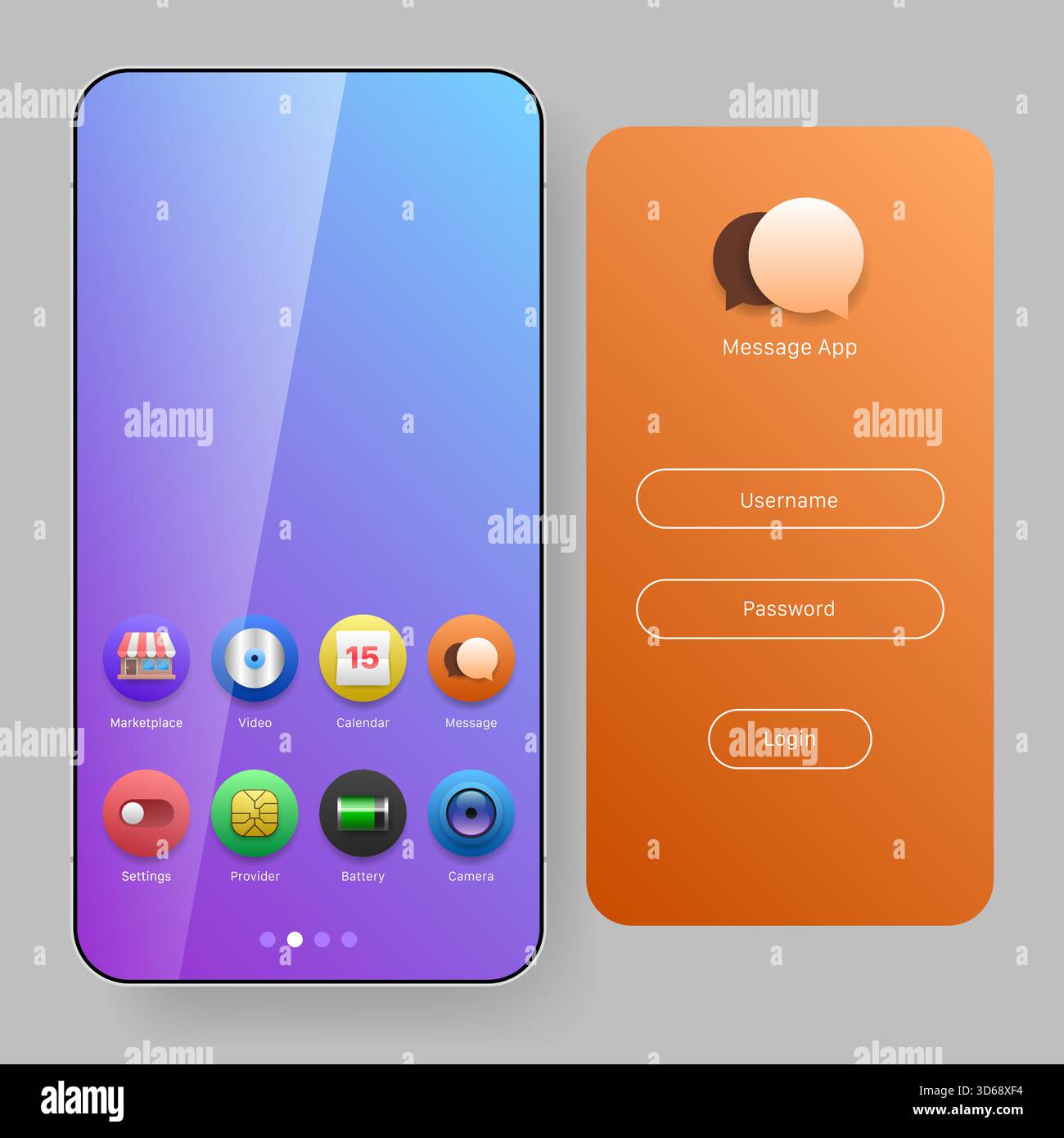 Eine moderne Vektorillustration, die einen Startbildschirm eines Smartphones mit bunten App-Symbolen wie Marktplatz, Video, Kalender, Nachricht, Einstellungen, PR Stock Vektor