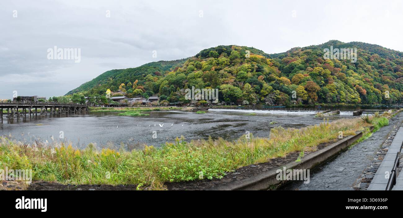Herbstlandschaft mit Fluss und Brücke in Japan Stockfoto
