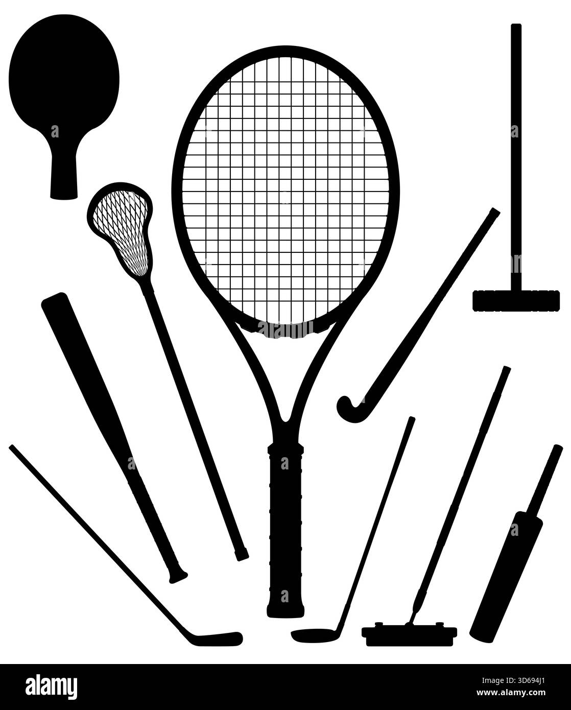 Bits Stick Fledermäuse und Schläger für Sport schwarze Silhouette Cartoon Stock Vektor Illustration isoliert auf weißem Hintergrund Stockfoto