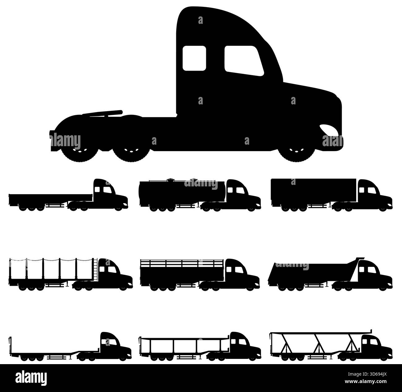 Autos und LKW für Transport Fracht Waren schwarze Silhouette Cartoon Stock Vektor Illustration isoliert auf weißem Hintergrund Stockfoto