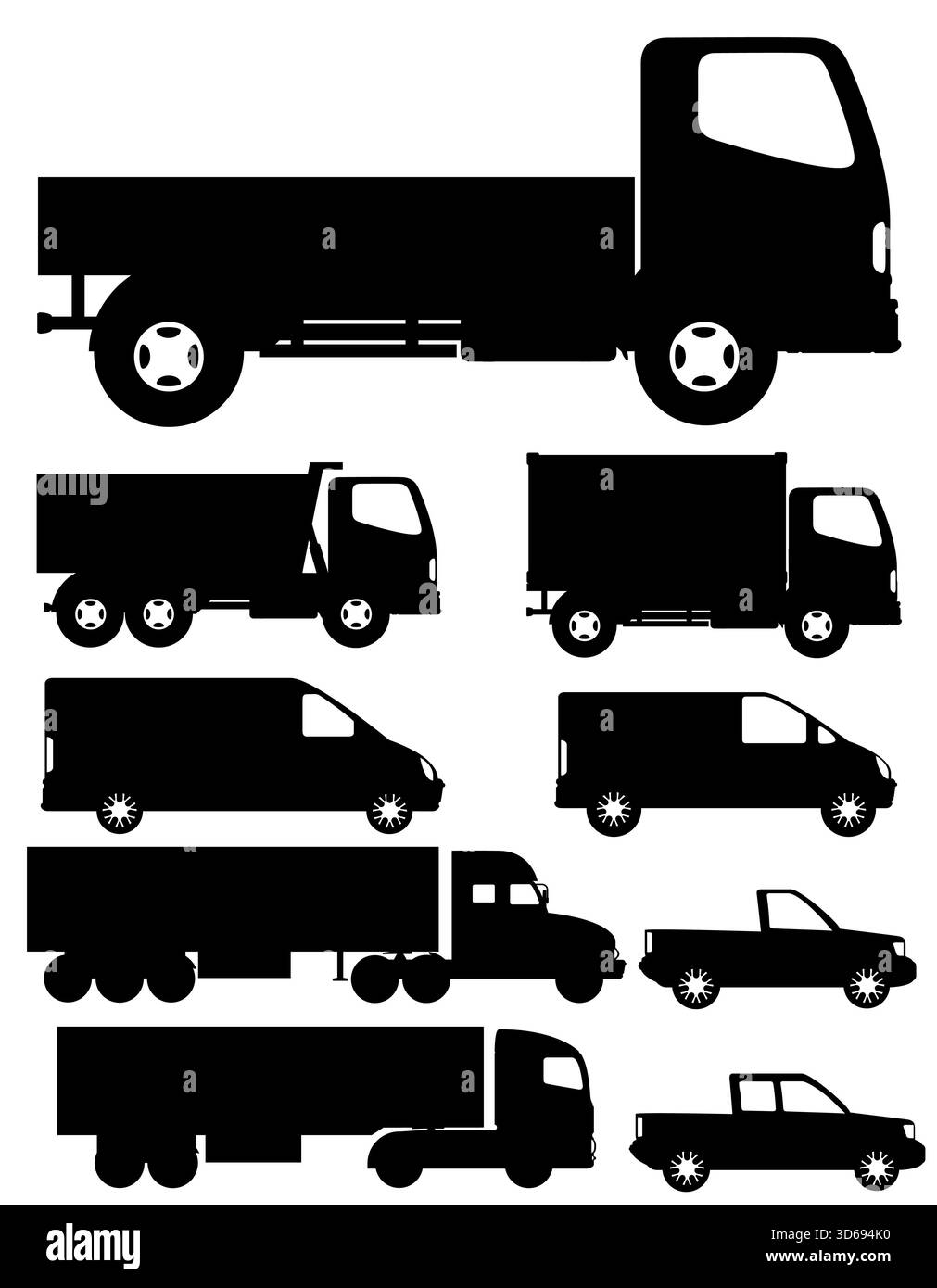 Autos und LKW für Transport Fracht Waren schwarze Silhouette Cartoon Stock Vektor Illustration isoliert auf weißem Hintergrund Stockfoto