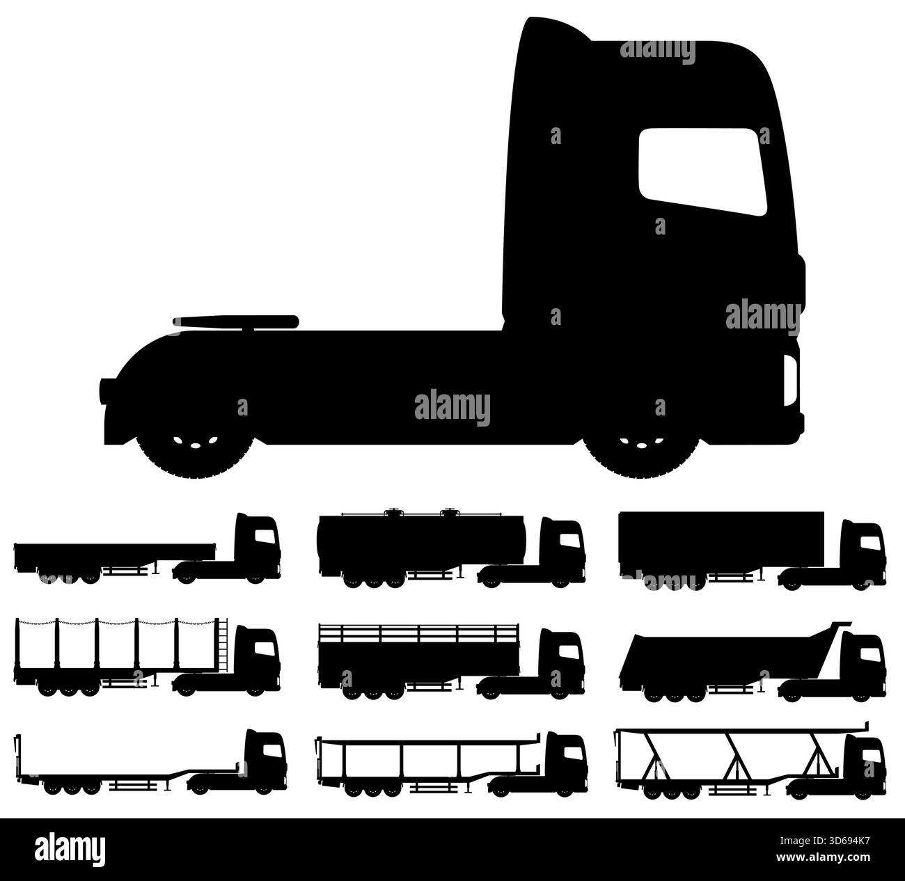 Autos und LKW für Transport Fracht Waren schwarze Silhouette Cartoon Stock Vektor Illustration isoliert auf weißem Hintergrund Stockfoto