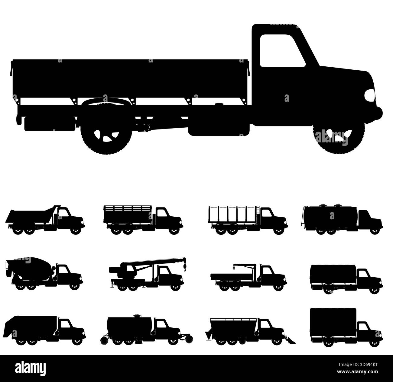 Autos und LKW für Transport Fracht Waren schwarze Silhouette Cartoon Stock Vektor Illustration isoliert auf weißem Hintergrund Stockfoto