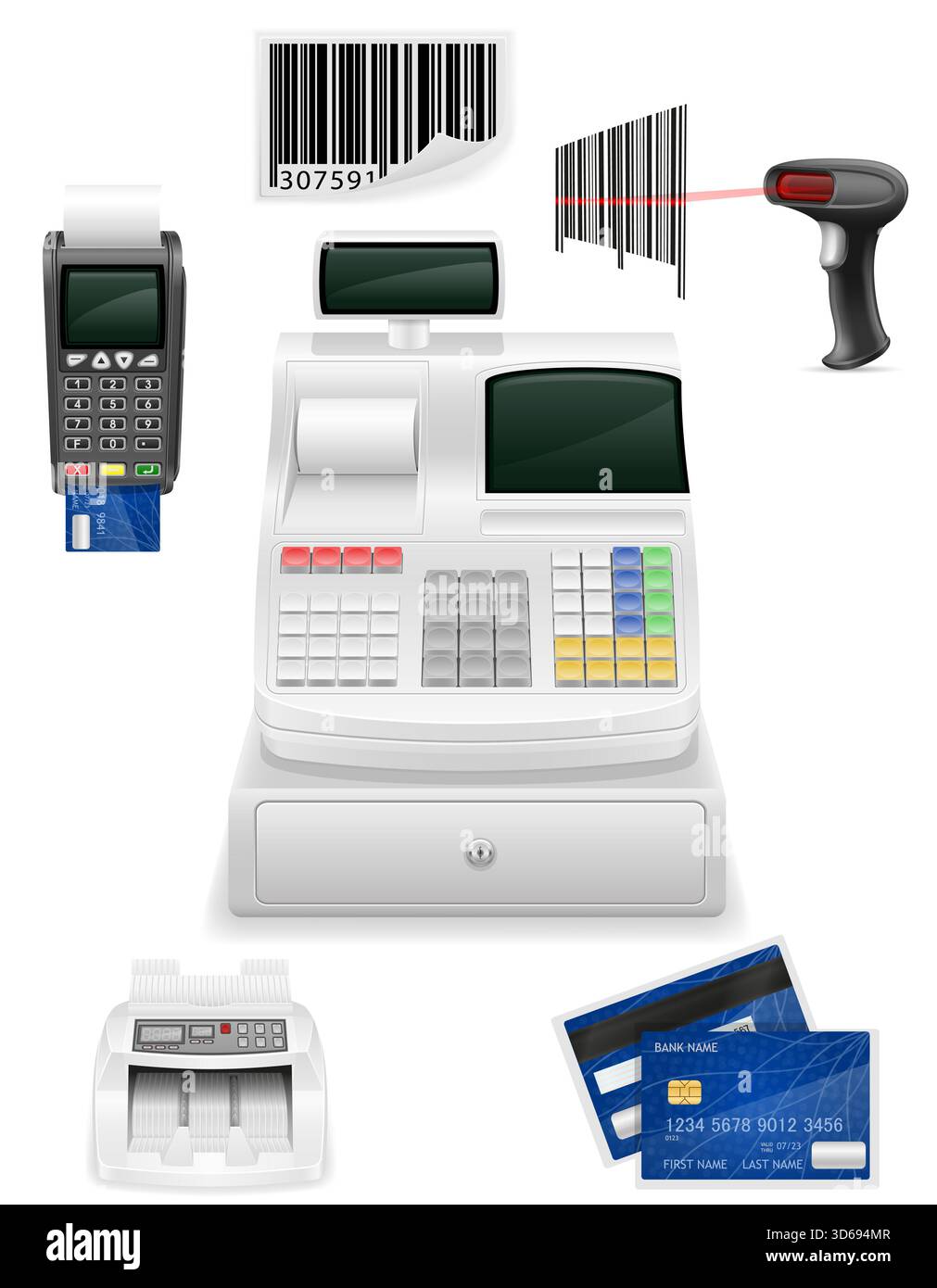 Kassenausrüstung für eine Ladendickerei-Stock-Vektor-Illustration isoliert auf weißem Hintergrund Stockfoto