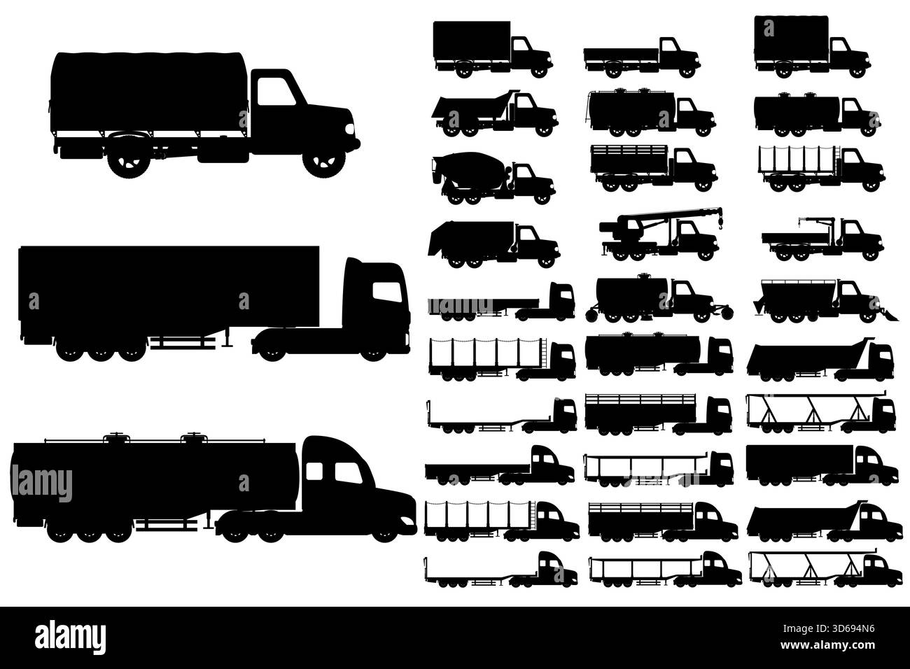 Autos und LKW für Transport Fracht Waren schwarze Silhouette Cartoon Stock Vektor Illustration isoliert auf weißem Hintergrund Stockfoto