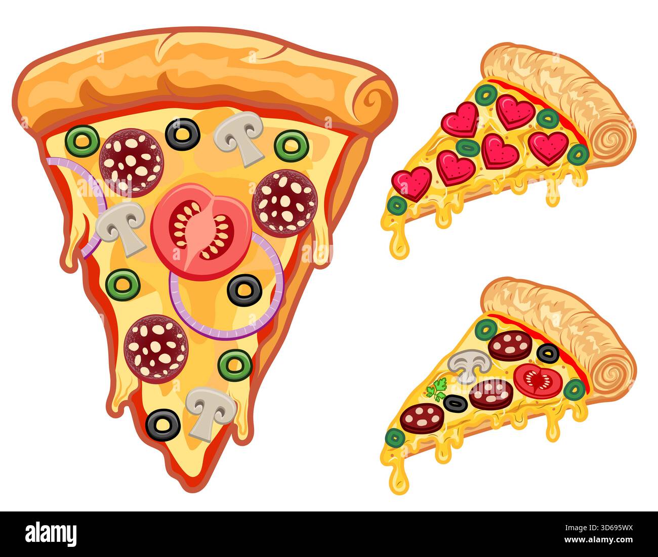 Pizza frisch gebacken mit Wurst, Tomaten, Oliven, Pilzen und Käse Karton Socke Vektor Illustration isoliert auf weißem Hintergrund Stockfoto
