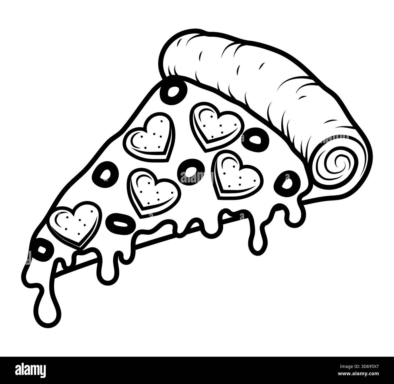 Knusprige Pizzascheibe geschnitten frisch gebacken mit Wurst, Tomaten, Oliven, Pilzen und Käse Vektor Illustration isoliert auf weißem Hintergrund Stockfoto