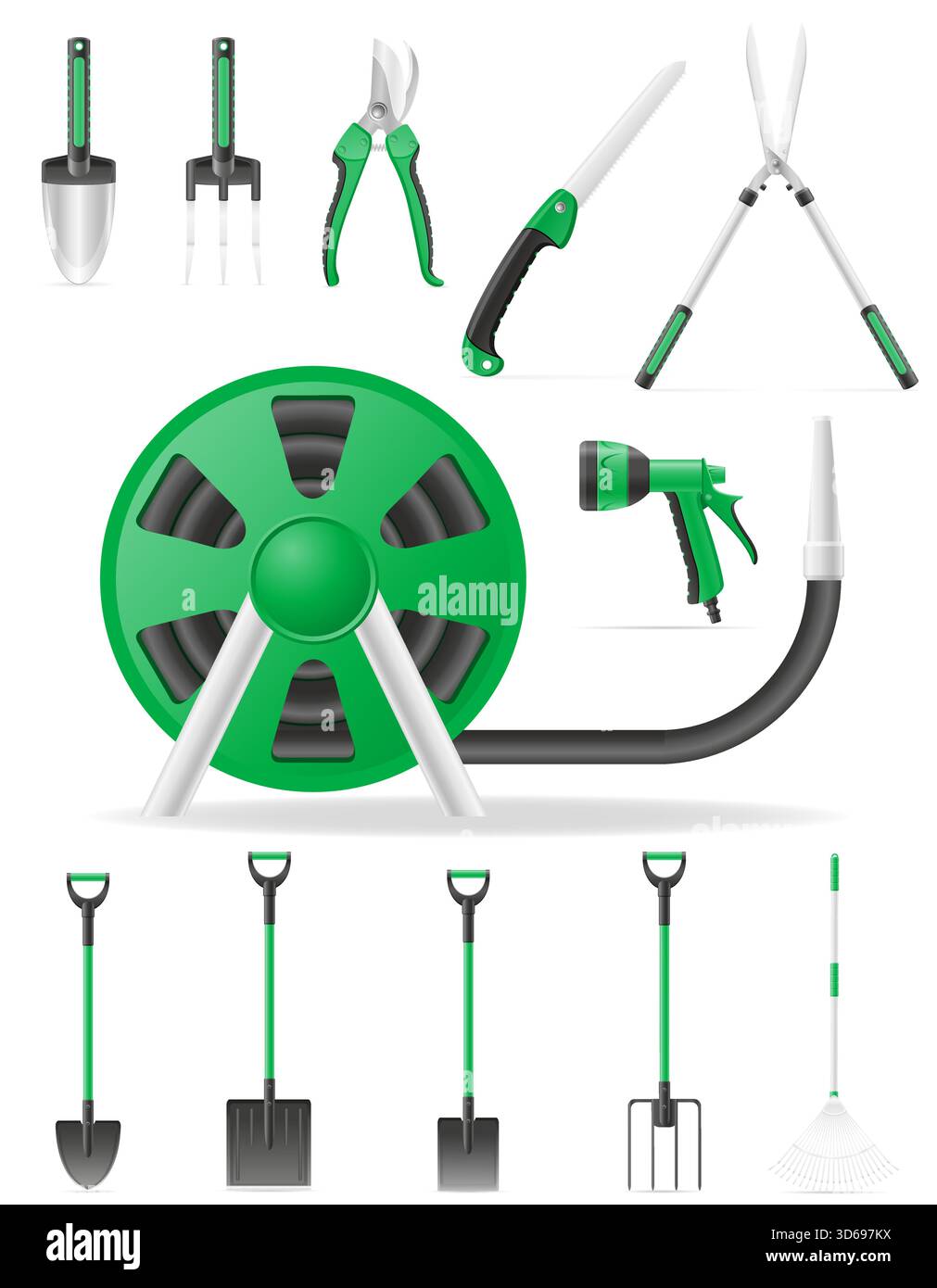 Gartenwerkzeuge Eguipments und Einzelteile Cartoon Stock Vektor Illustration isoliert auf weißem Hintergrund Stock Vektor