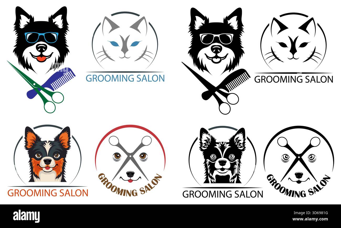 Haustier Katzen und Hunde Logo für Ihr Geschäft oder Firma Set Logo Zeichentrickfilm Stock Farbe und schwarz-weiß Vektor Illustration isoliert auf weiß Stock Vektor