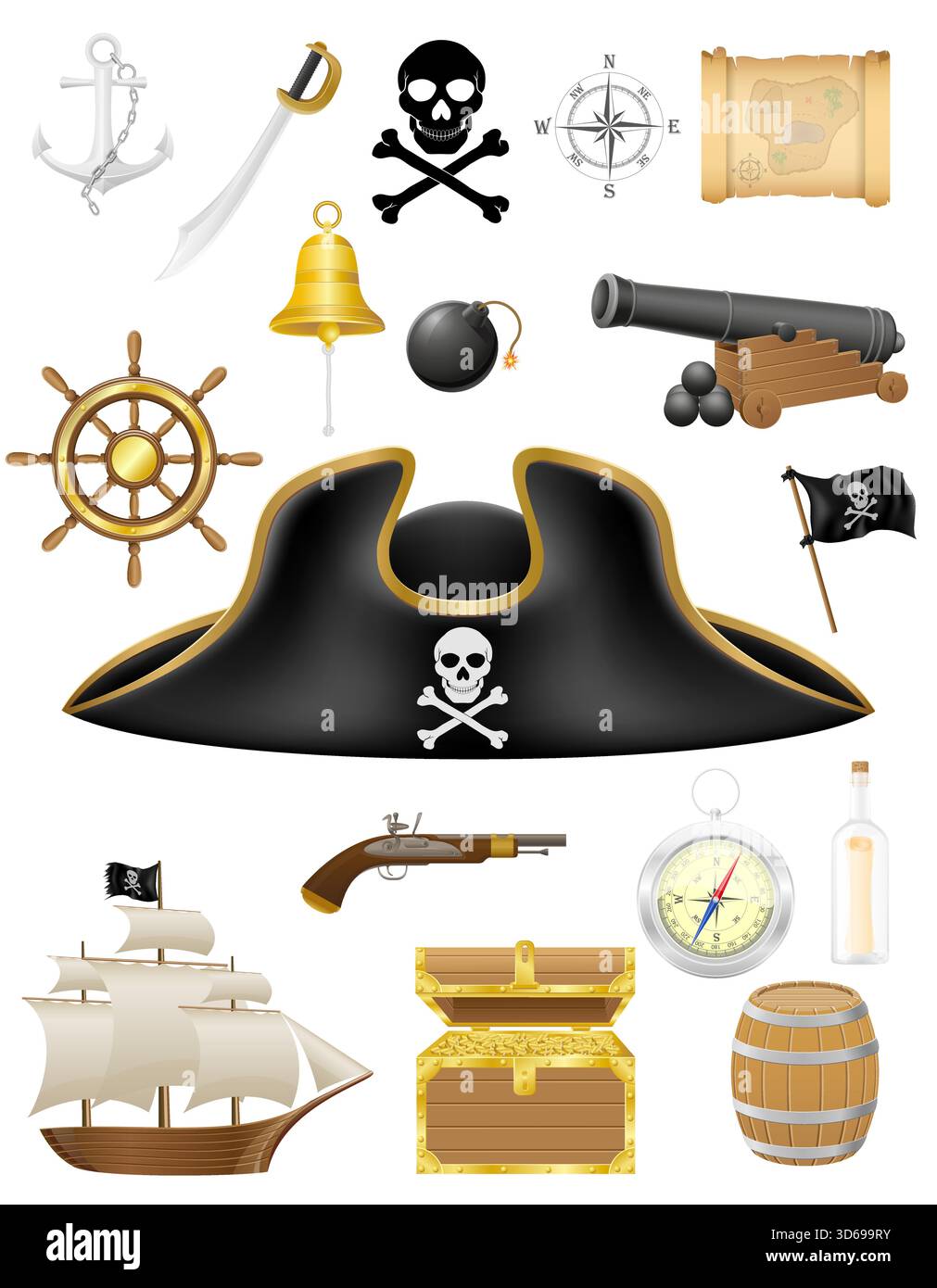 Piratensegel nautische Eguipment Einzelteile Ikonen Cartoon Stock Vektor Illustration isoliert auf weißem Hintergrund Stock Vektor