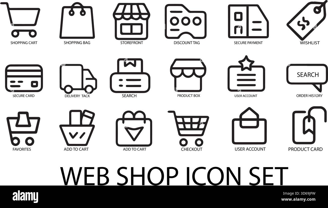 Symbolsatz Webshop – minimale E-Commerce-Zeilensymbole (Vektor-UI-Paket) Stock Vektor