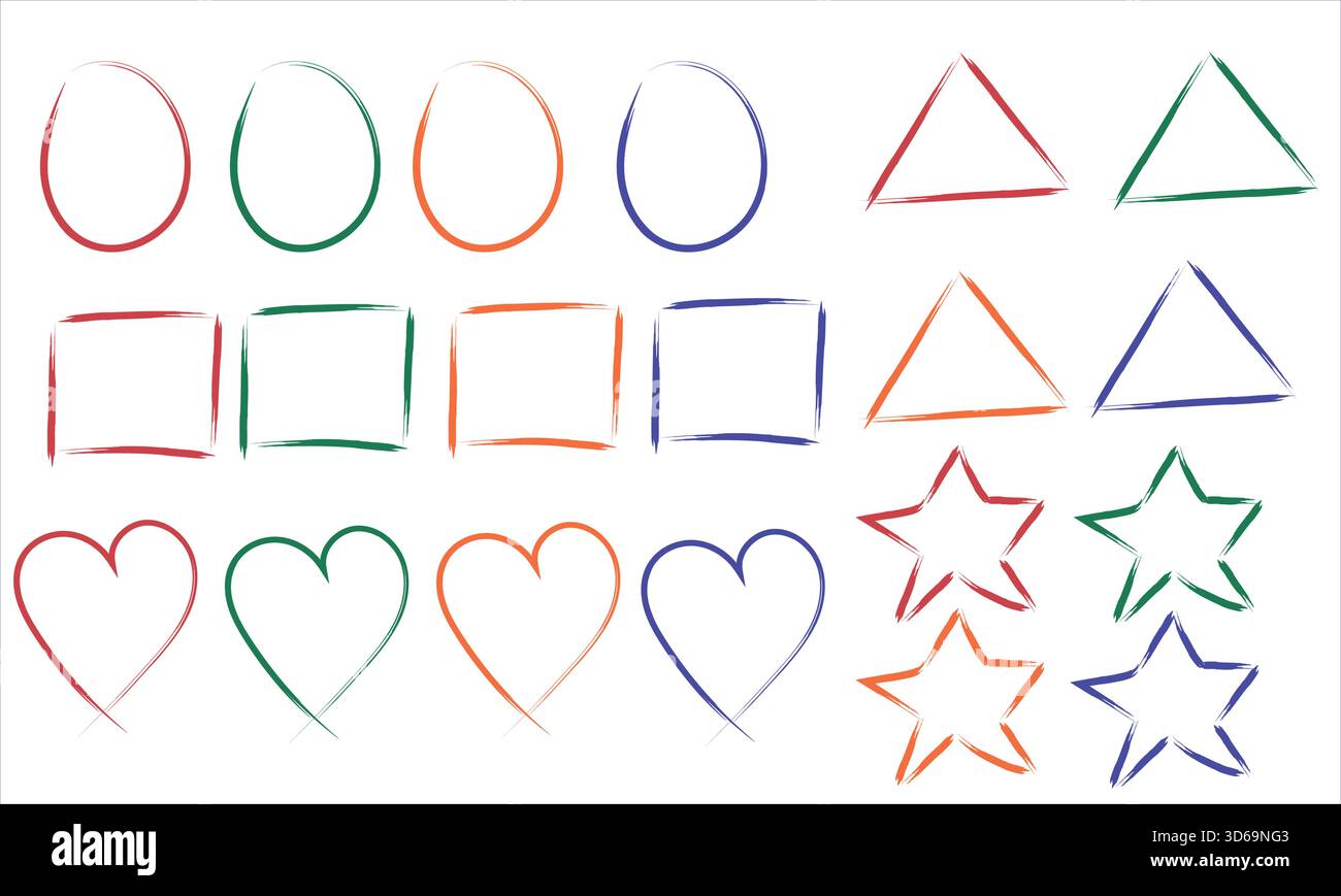 Handgezeichnete bunte Formen Kollektion – Sketch Style Kreise, Quadrate, Dreiecke, Herzen und Sterne Outline Set für Design, Symbole, Muster, Aufkleber Stock Vektor
