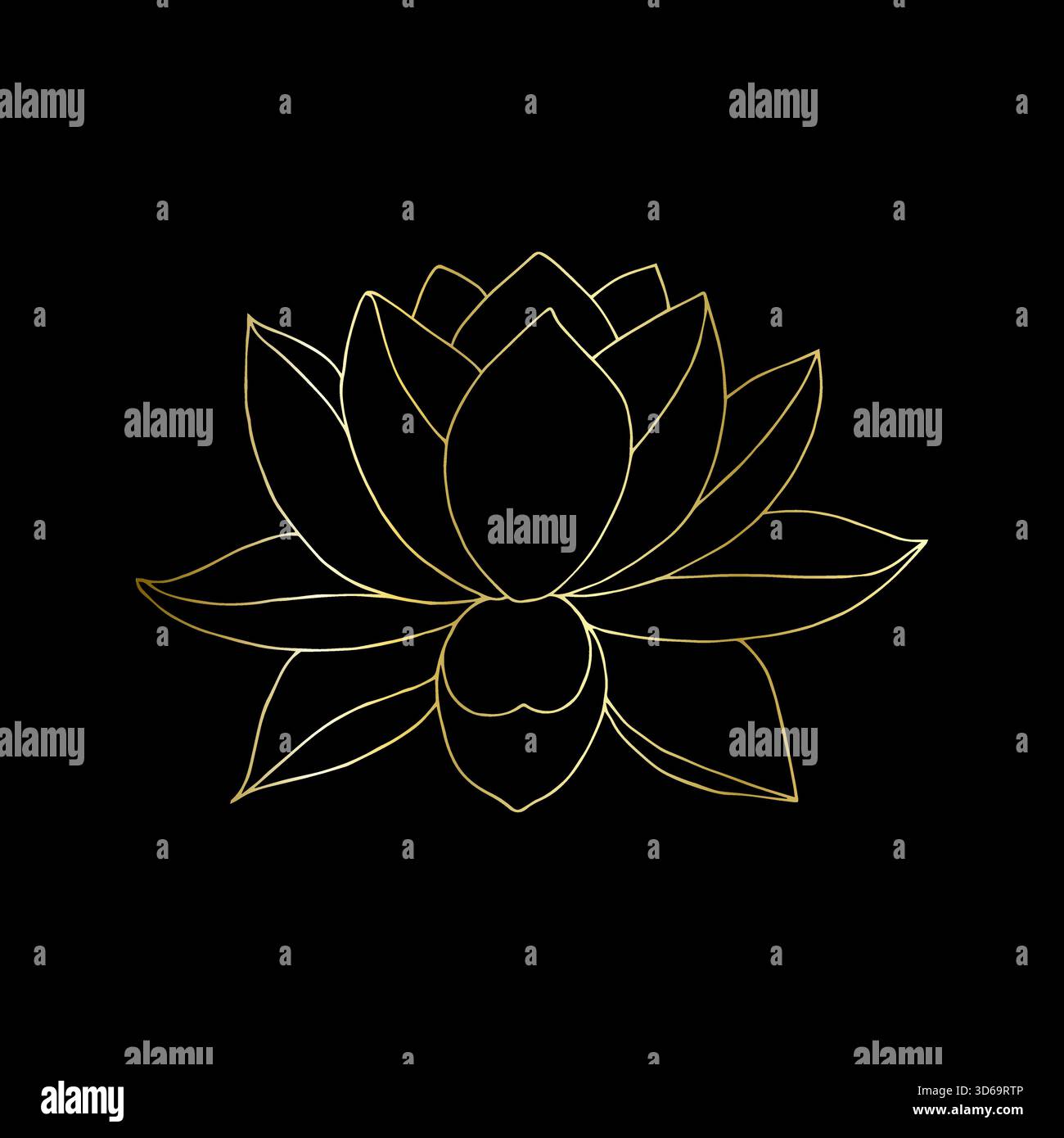 Goldkontur der Lotusblume Hand gezeichnet Kritzelvektor isoliertes Element für Premium-Design. Goldene Verlaufslinie. Stock Vektor