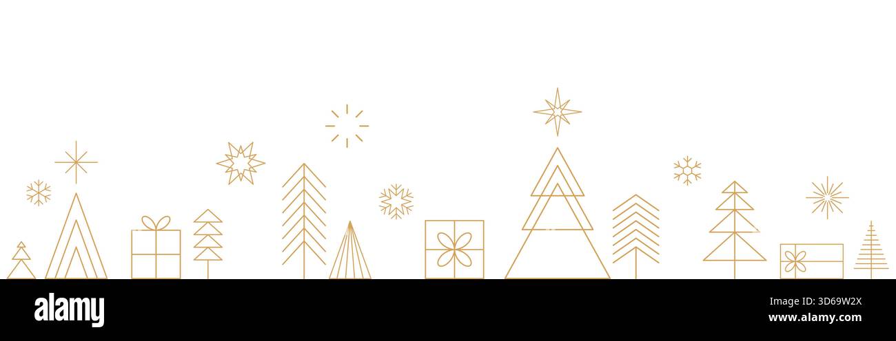 Weihnachtslandschaft Hintergrund mit Goldbäumen, Geschenken, Schneeflocken und Sternen auf isoliertem Hintergrund, Feiertagsbanner, geometrischen minimalistischen Ikonen Stock Vektor