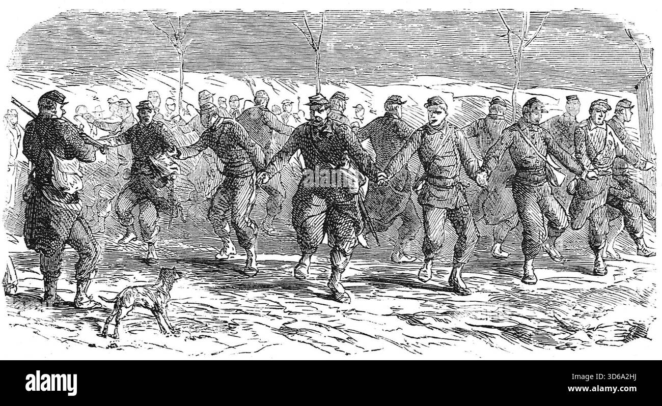 Französische Soldaten tanzten in ihrem Lager während des Deutsch-Französischen Krieges. Stockfoto