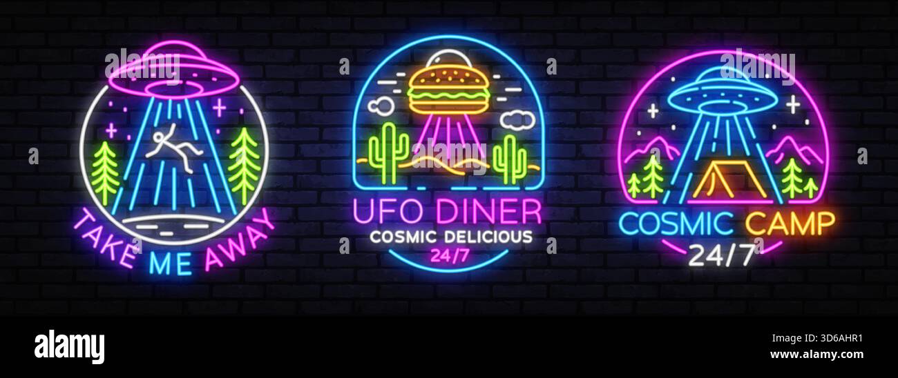 Set aus drei Neonschildern mit UFO-Themen mit Text Take Me Away, UFO Diner Cosmic Delicious 24 7 und Cosmic Camp 24 7. Leuchtende Symbole in Stock Vektor
