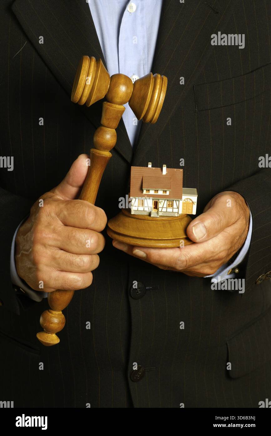 Ein Haus wird versteigert, Zwangsvollstreckung, Notar, Auktionshammer, Haus, Hände, Geschäftsmann, Notar, Gerichtsvollzieher, Beschlagnahme, verschuldet, Schulden, HERR, Hamburg, Fede Stockfoto