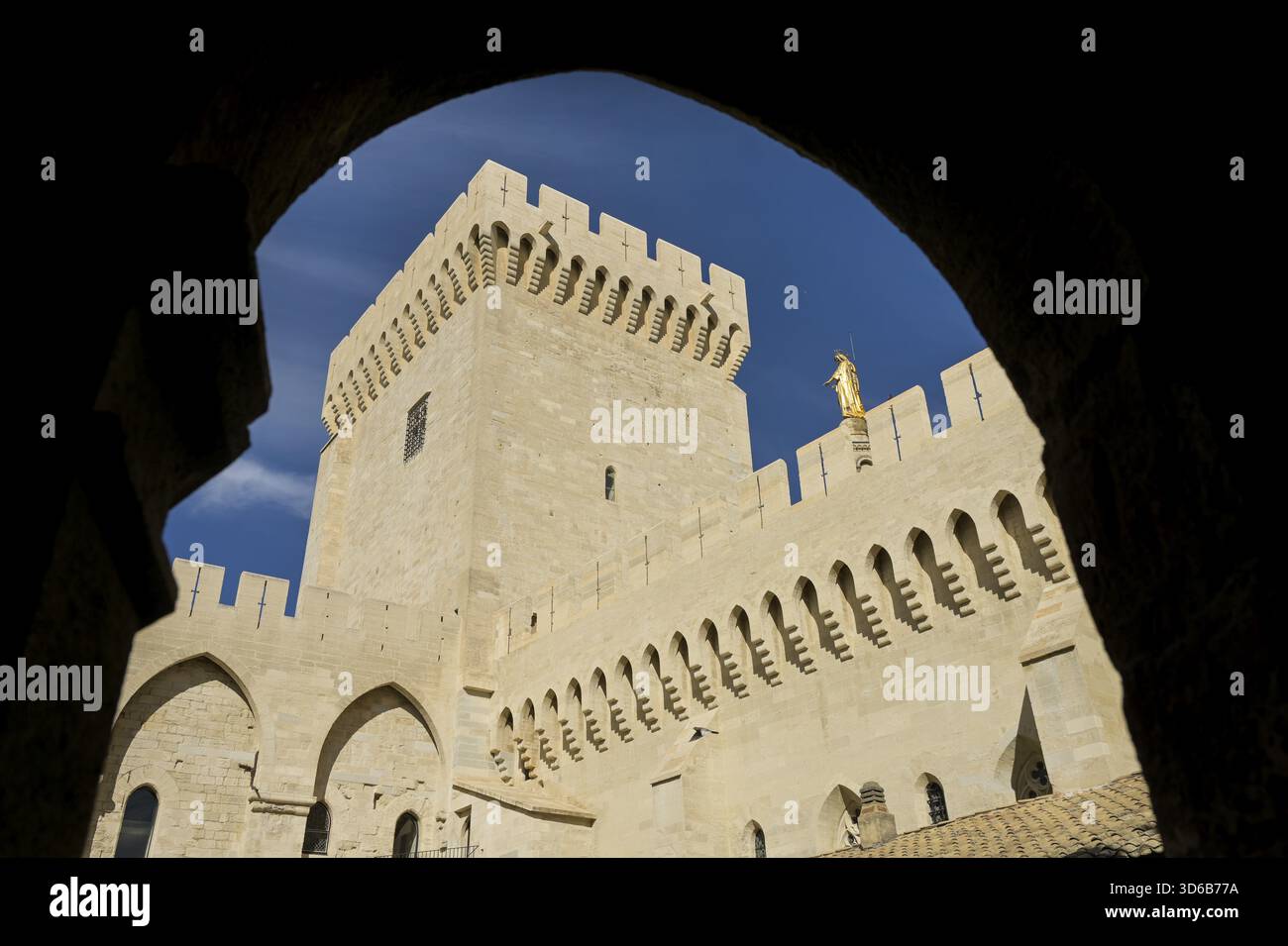 Goldene Madonna auf dem Kirchturm, Cathedrale Notre-Dame-des-Doms d'Avignon, Papstpalast, Avignon, Frankreich Stockfoto