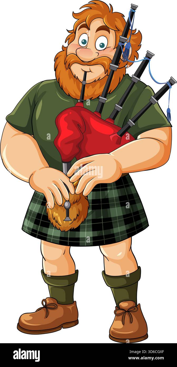 Fröhlicher schottischer Mann im grünen Schottenkilt, der Dudelsack spielt, bunte Comic Vektor-Illustration. Stock Vektor