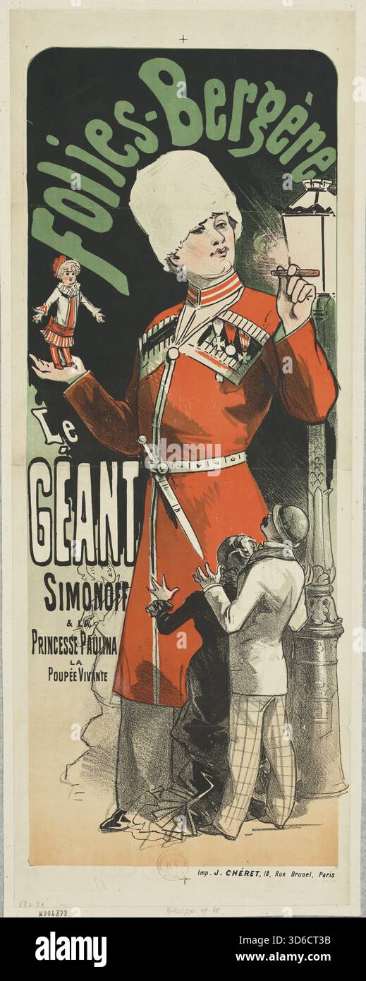 „Folies-Berg?re. Le g?ant Simonoff et la Princesse Paulina la poup?e vivante (1880). Jules CH?ret (Französisch, 1836-1932). Folies-Berg?re. Der Riese Simonoff und Prinzessin Paulina die lebende Puppe. Sideshow-Show im Freak-Stil im berühmten französischen Theater.“ Stockfoto