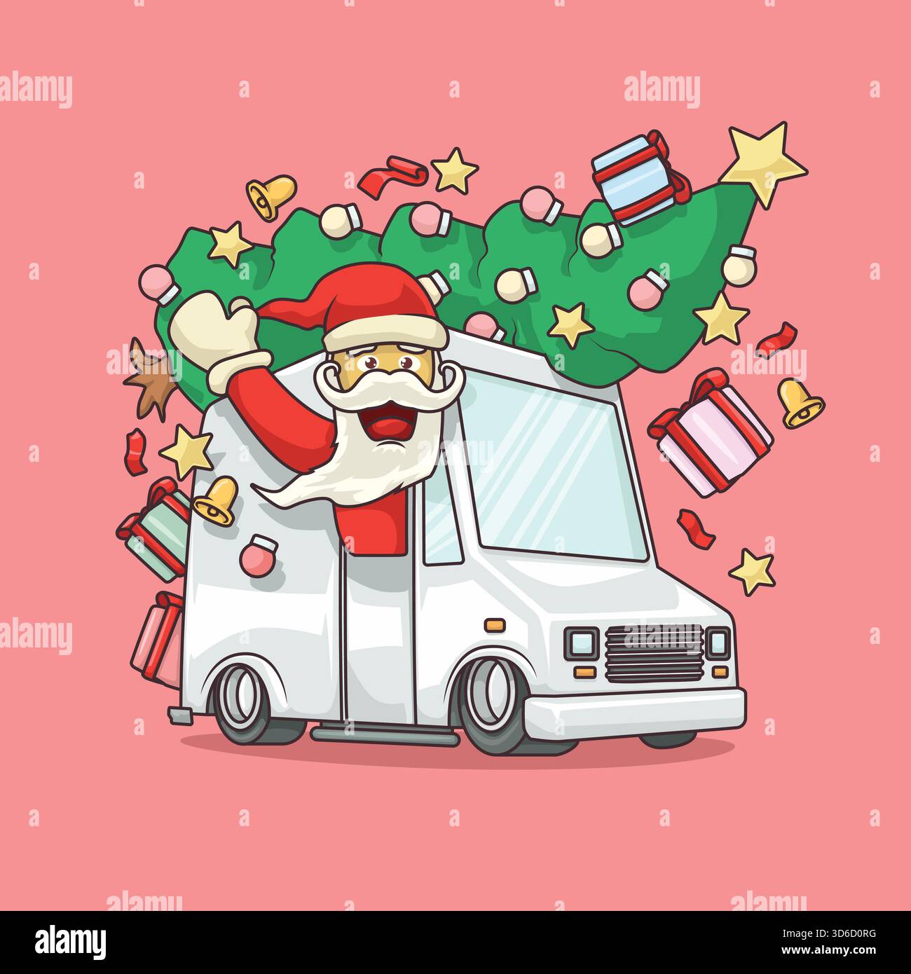 Cartoon Santa fährt einen Van, der Weihnachtsgeschenke und einen Baum liefert, perfekt für festliche Kurier- und Feiertagslieferthemen. Stock Vektor