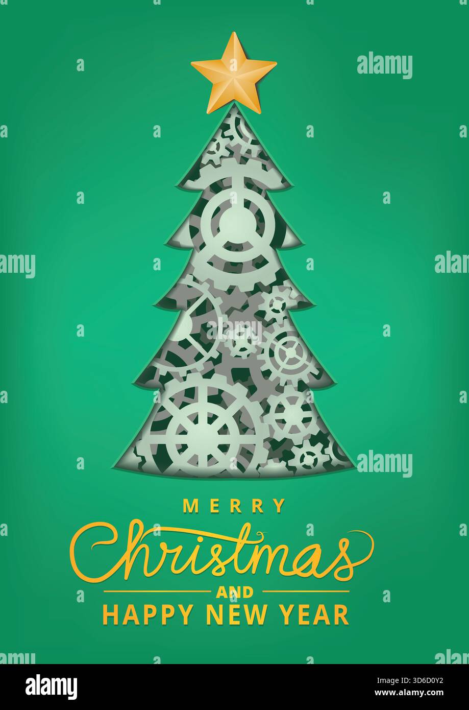 Abstrakter Weihnachtsbaum aus zerrissenem Papier mit Zahnrädern im Inneren, perfekt für Themen in den Bereichen Maschinenbau, Maschinenbau und Werkstattferien. Stock Vektor