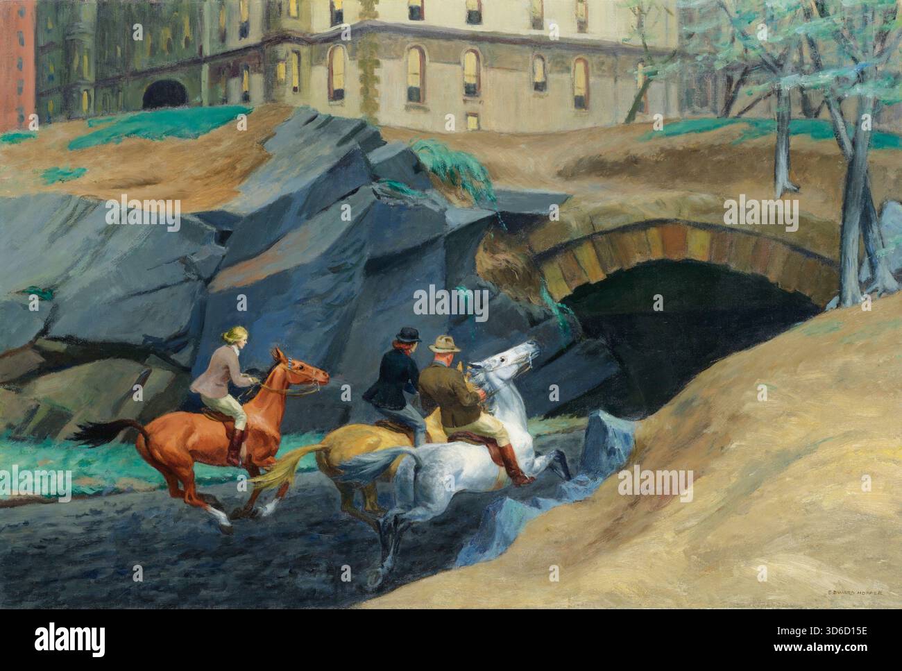 „Zaumpfpfad (1939). Edward Hopper (Amerikanisch, 1882–1967). Der Bridle Path zeigt drei Reiter zu Pferd, die sich dem Eingang der West 72nd Street zum Central Park in New York City nähern. Ein großes Gebäude über dem Hügel erhebt sich über den drei Fahrern - zwei Frauen und ein Mann. Die Fahrer tragen moderne Reitkleidung aus den 1930er Jahren und scheinen in Richtung des dunklen Tunnels zu galoppieren. Der Mann lehnt sich zurück und der Kopf des Pferdes hebt sich auf und verlangsamt den Galopp, wenn sie sich dem Tunnel nähern." Stockfoto