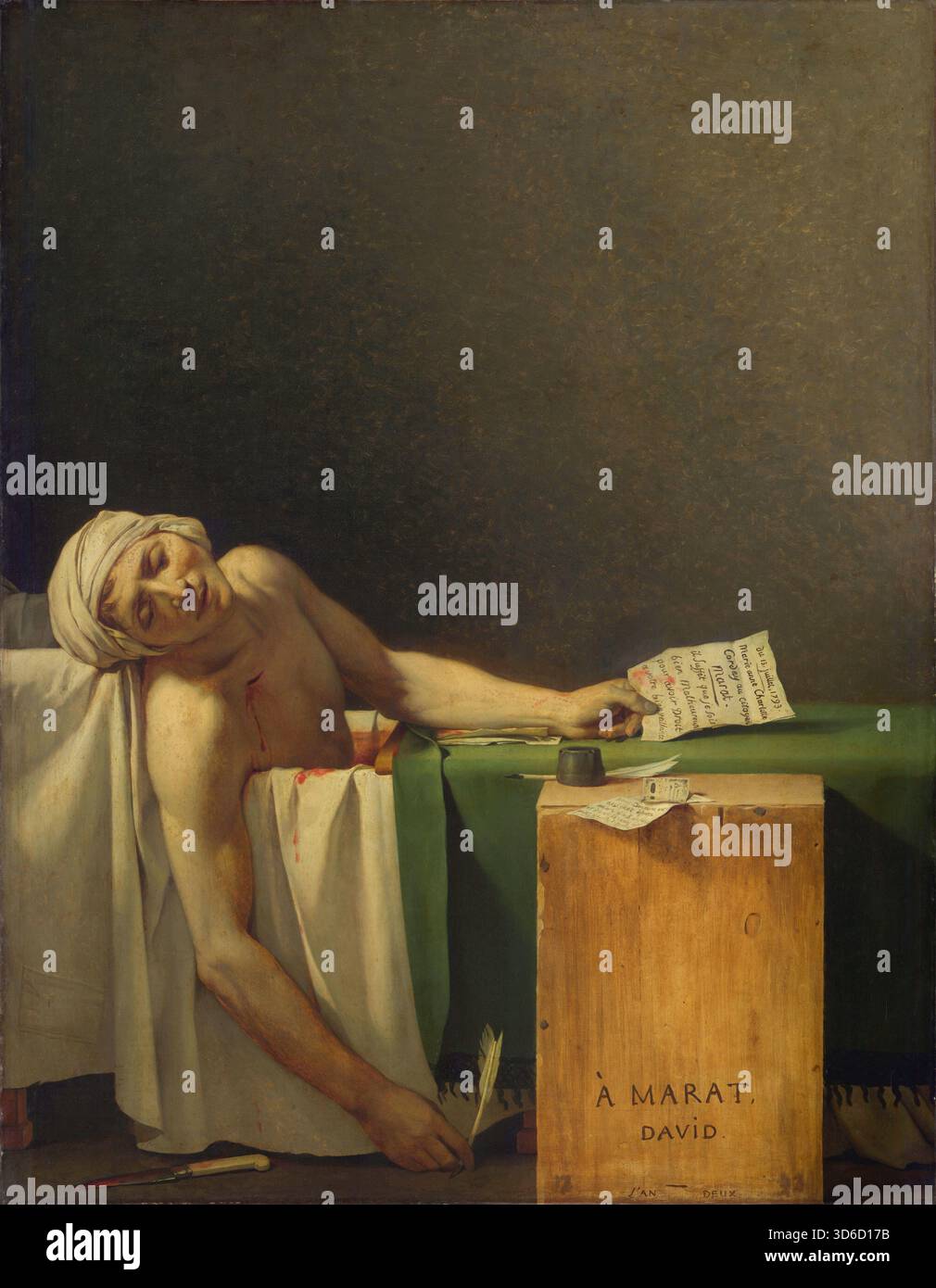 "Marat Ermordet (1793). Jacques Louis David (Französisch, 1748-1825). Der Tod von Marat (französisch: La Mort de Marat oder Marat Assassin?) Ist ein Gemälde von Jacques-Louis David aus dem Jahr 1793, das den Freund und ermordeten französischen Revolutionsführer Jean-Paul Marat darstellt. Das Gemälde zeigt Marat tot in seinem Bad nach seiner Ermordung durch Charlotte Corday am 13. Juli 1793.“ Stockfoto