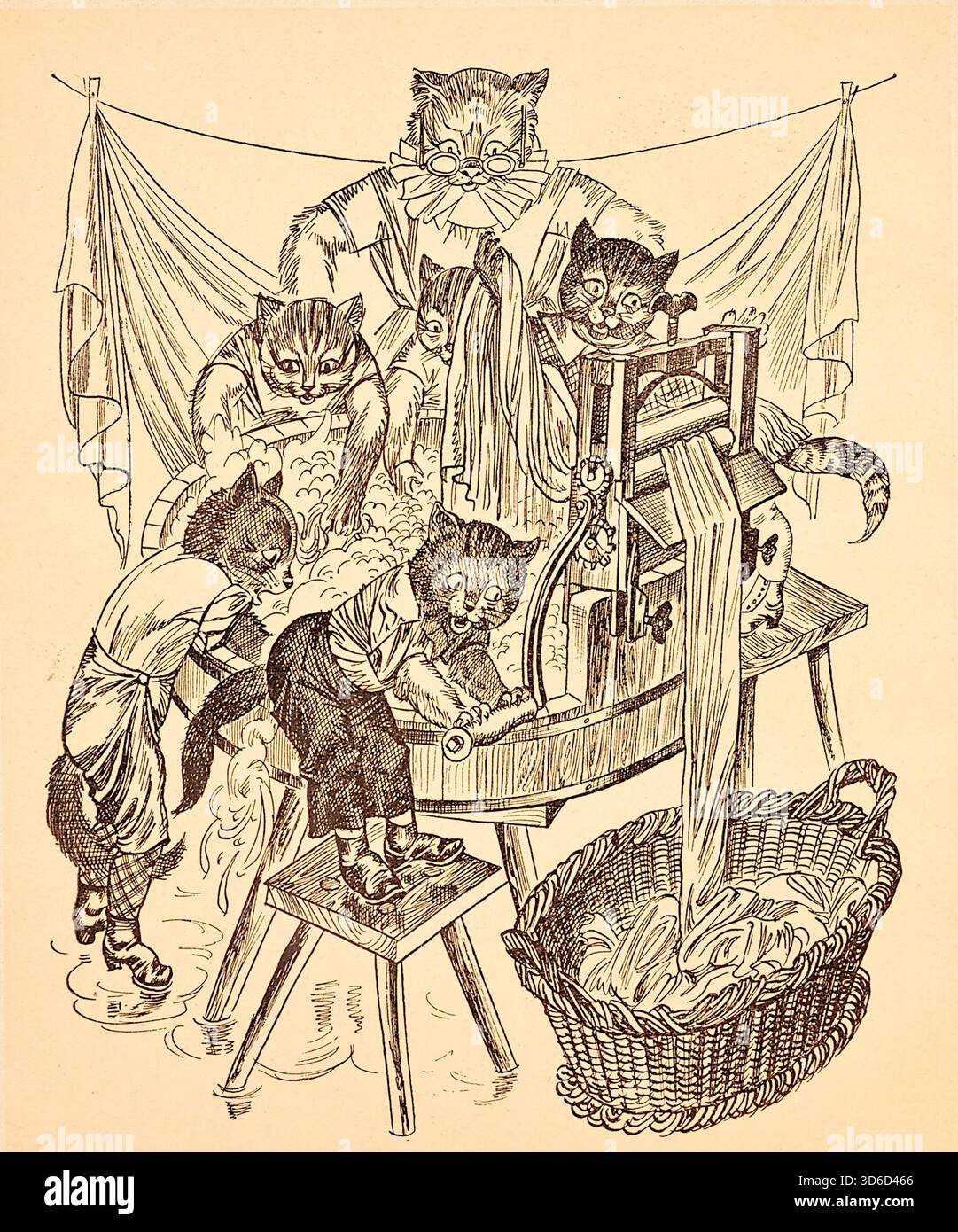 Bogdan Nowakowski - die Schulabenteuer von Pimpuś Sadełko - 1934 - hinter der Operation steht Eine große Katze mit Brille und einem Rüschenkragen, die scheinbar überwacht. Eine Katze links wäscht Kleidung in einer Wanne. Eine andere Katze steht auf einem Stuhl und füttert ein langes Blatt oder ein Stück Stoff durch den Auswringer-Mechanismus. Eine dritte Katze auf der rechten Seite betätigt die Kurbel des Wringers. Stockfoto