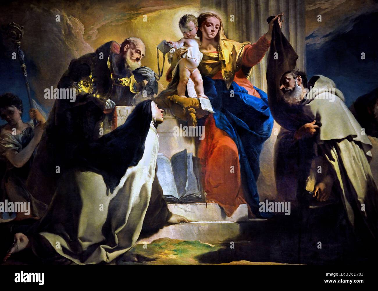 Unsere Liebe Frau vom Berge Karmel mit St. Simon Stock, St. Teresa von Avila, St. Albert von Vercelli, den Propheten Elia und die Seelen im Fegefeuer 1745 von Giovanni Battista Tiepolo aus dem 18. Jahrhundert, Italien, Italienisch. (Detail) Stockfoto