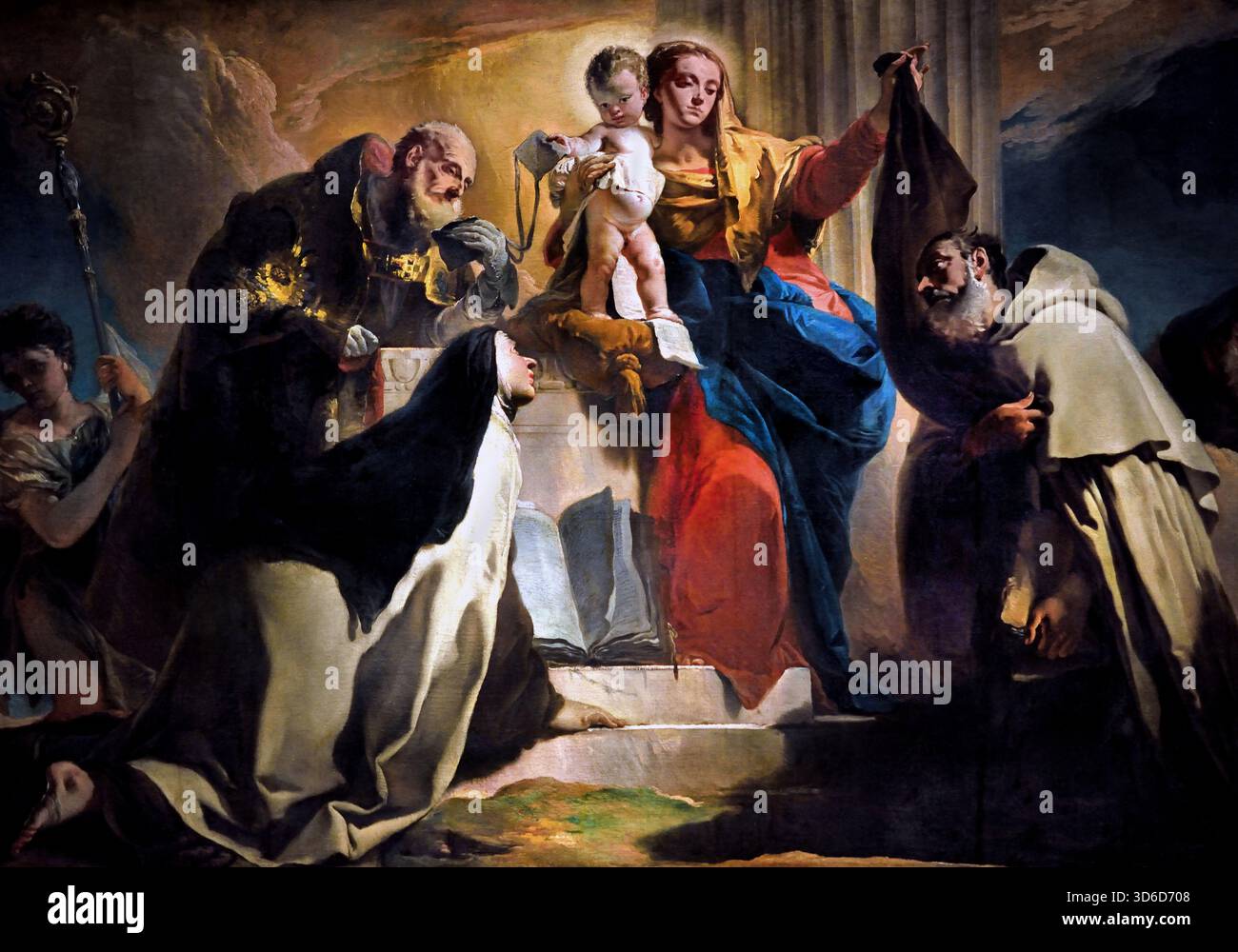 Unsere Liebe Frau vom Berge Karmel mit St. Simon Stock, St. Teresa von Avila, St. Albert von Vercelli, den Propheten Elia und die Seelen im Fegefeuer 1745 von Giovanni Battista Tiepolo aus dem 18. Jahrhundert, Italien, Italienisch. (Detail) Stockfoto