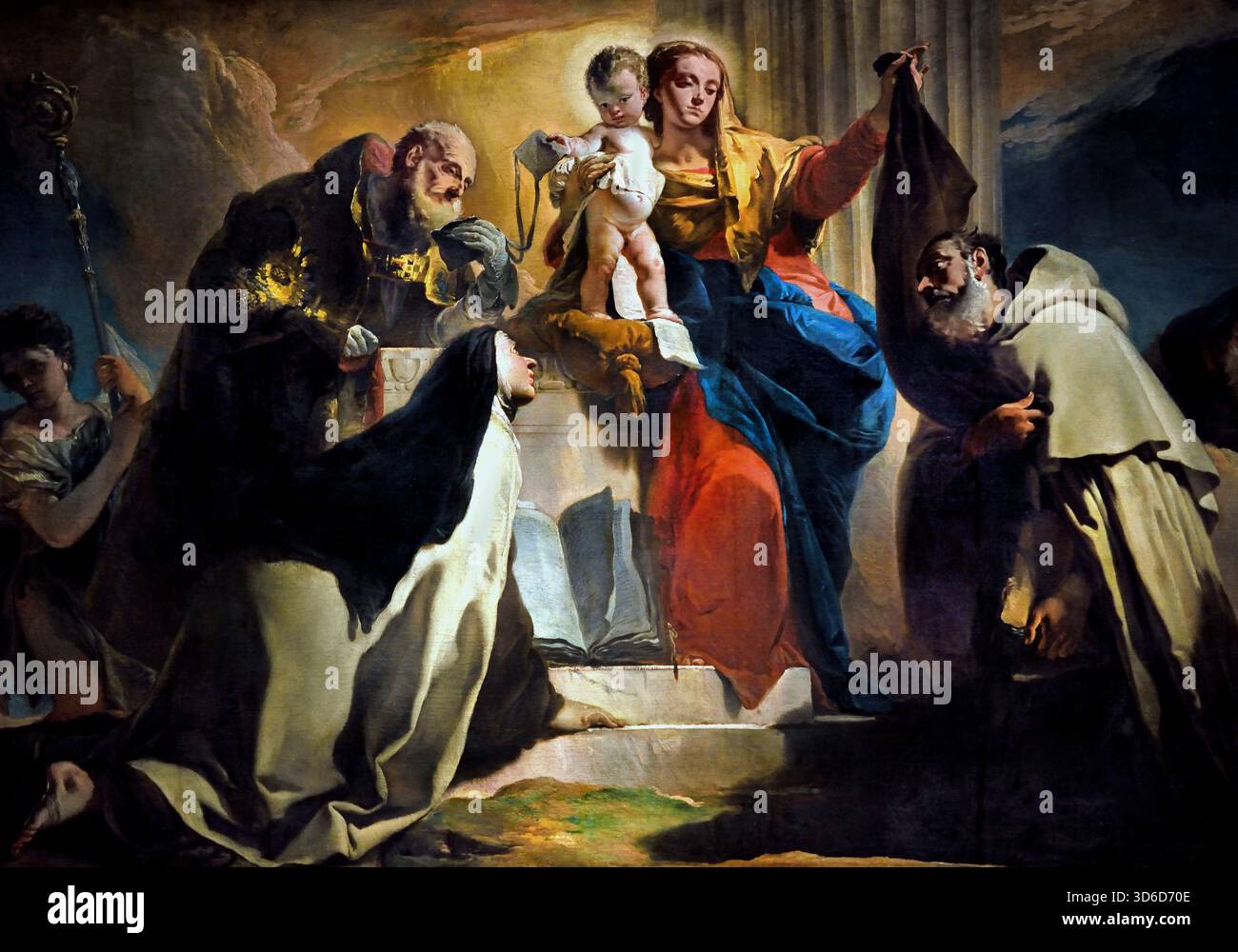 Unsere Liebe Frau vom Berge Karmel mit St. Simon Stock, St. Teresa von Avila, St. Albert von Vercelli, den Propheten Elia und die Seelen im Fegefeuer 1745 von Giovanni Battista Tiepolo aus dem 18. Jahrhundert, Italien, Italienisch. (Detail) Stockfoto