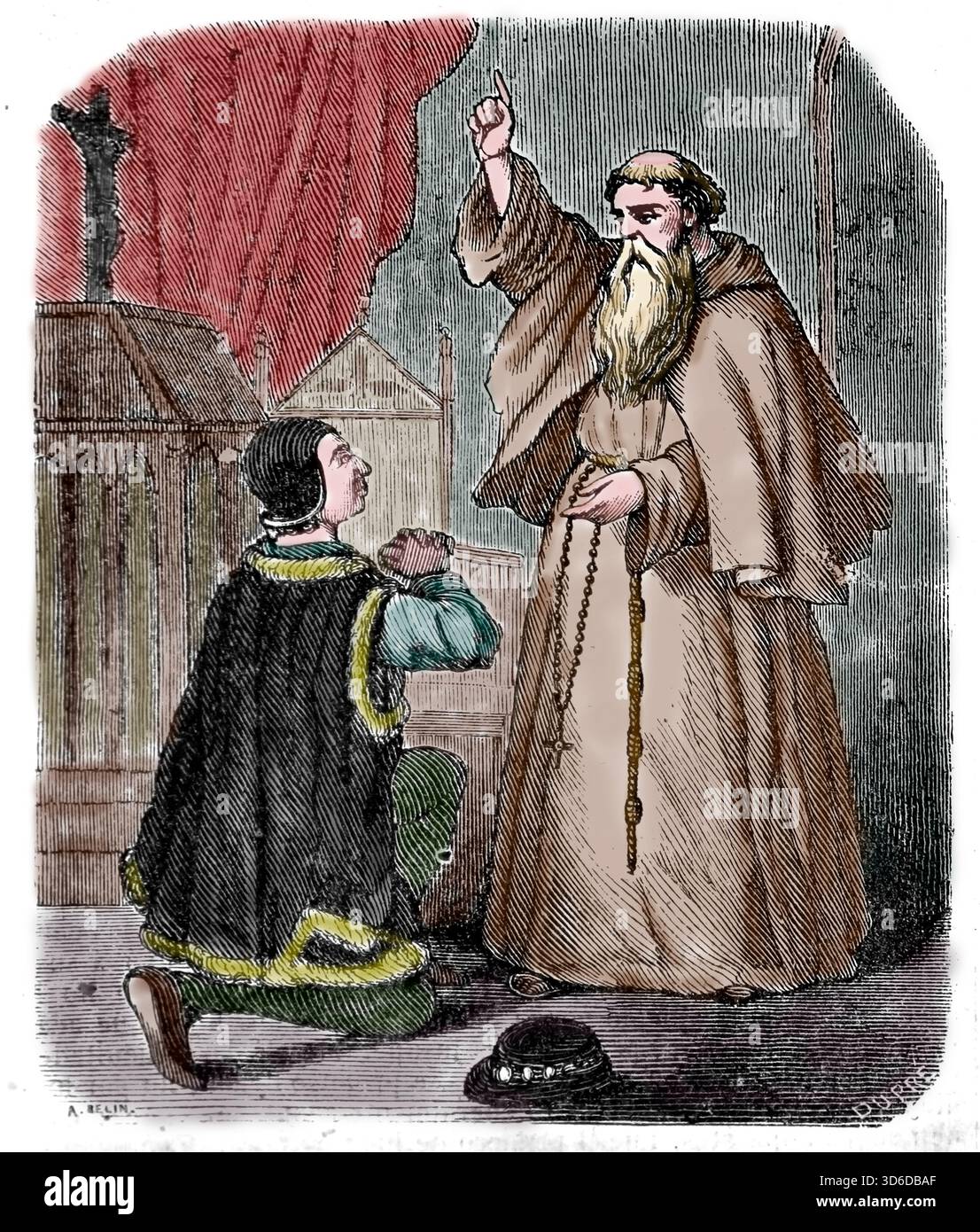 Ludwig XI. Von Frankreich (1423–1483) rief den italienischen Eremiten Franz von Paola auf, um bei Gott für seine Heilung Fürsprache zu leisten. Der heilige kam 1475 am französischen Hof an, der König starb 1483. Stich, 19. Jahrhundert. Stockfoto