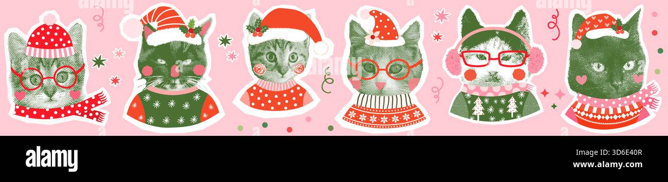 Lustige Vektorkatzengesichter mit Hüten und Tüchern und hässlichen Weihnachtspullover, Half-Ton-Retro-Collage-Stil-Kätzchen Stock Vektor