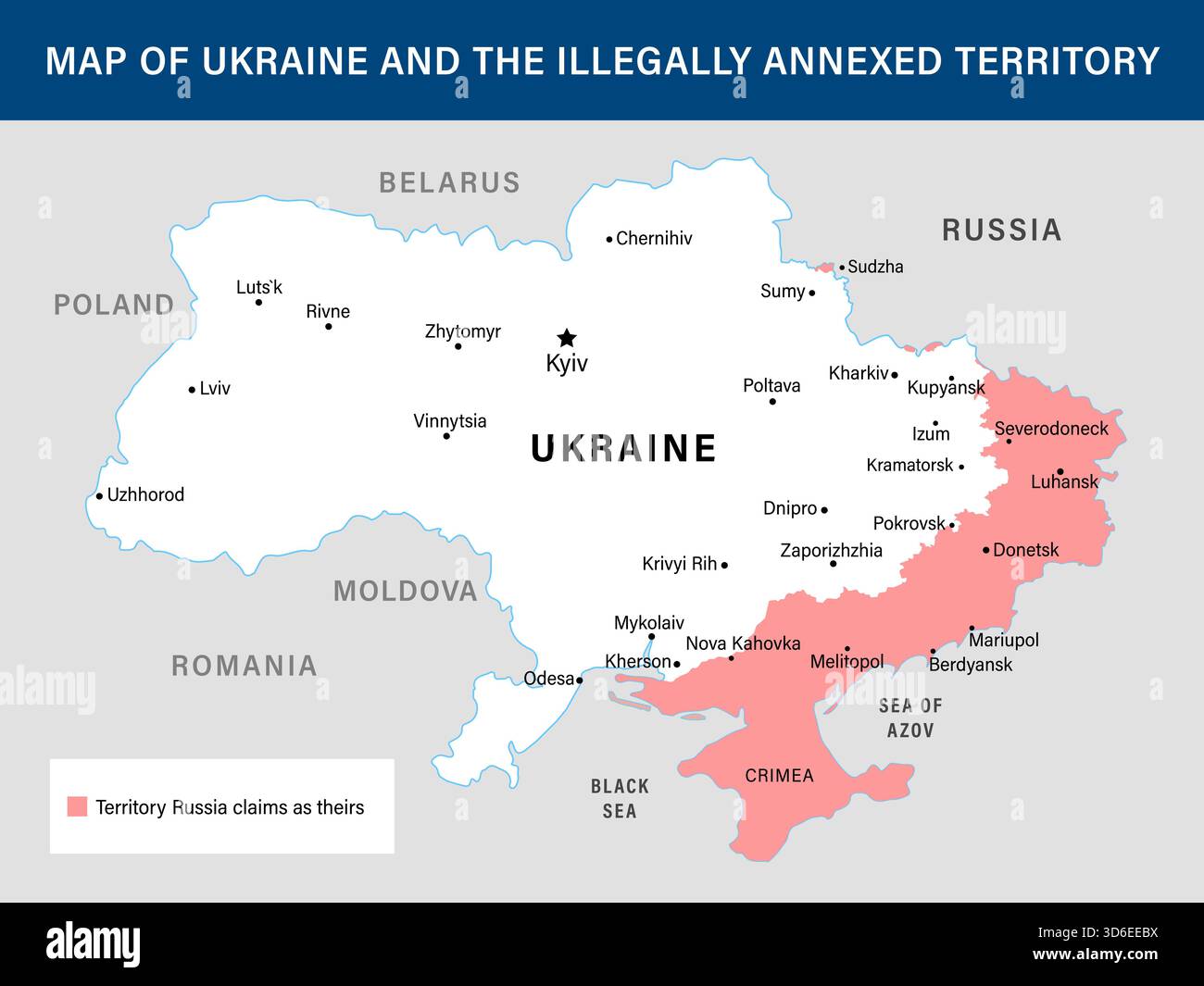 Karte der Ukraine mit illegal annektiertem Territorialgrenzgebiet russlands, November 2025. Vektorkarte der Ukraine mit besetztem Gebiet durch Russland für Nachrichten oder Vertreter Stock Vektor