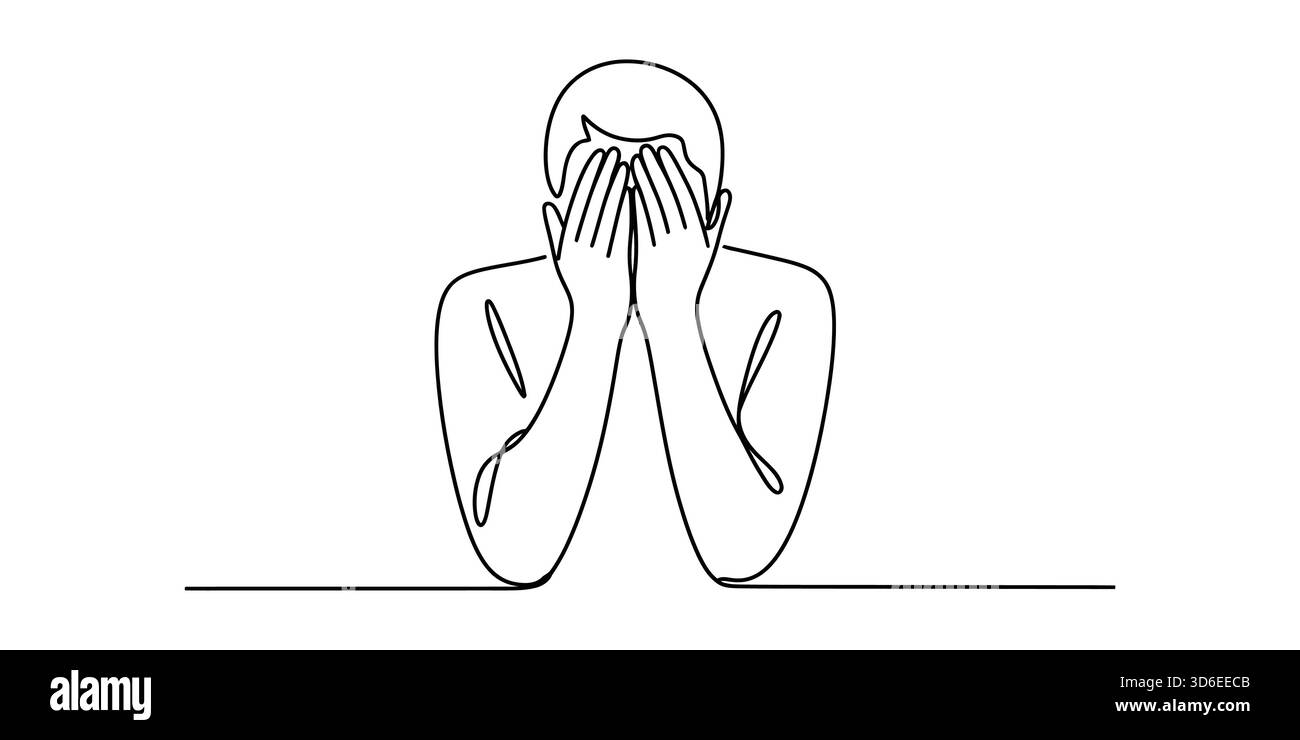 Durchgehende Linienzeichnung einer Person, die Gesicht mit Händen verdeckt und sich aufgeregt fühlt Stock Vektor