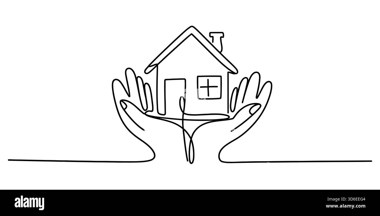 Hände mit durchgehender Linienzeichnung halten das abstrakte Hauskontursymbol vorsichtig Stock Vektor