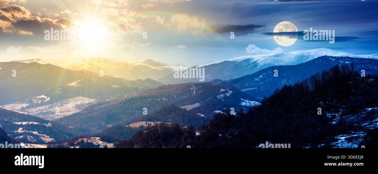Panorama von sanften Hügeln und Bergrücken mit schneebedeckten Gipfeln. Tag- und Nachtzeitwechsel. Wunderschöne Landschaft bei frühlingshaltem Wetter Stockfoto