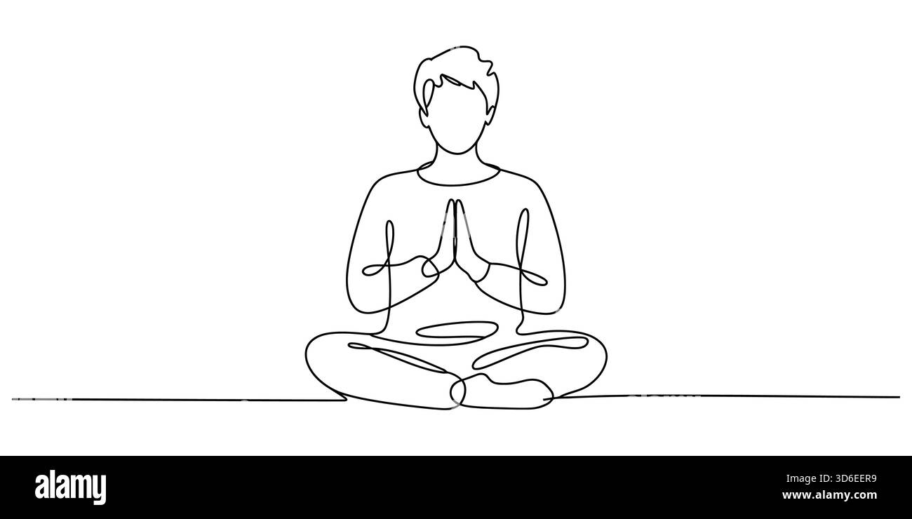 Kontinuierliche Linienzeichnung einer meditierenden Person in Lotusposition und Namaste Stock Vektor